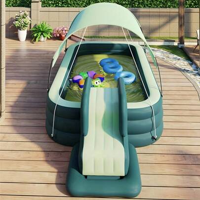 حمام سباحة منفوخ من البي في سي على 3 طبقات - مستطيل الشكل ، محمول ، لا يحتاج كهرباء ، سطح أملس ، متعدد الأجزاء ، سعة كبيرة ، مثالي للحديقة المائية المنزلية ، معدات ترفيهية خارجية ، تصميم حمام سباحة ممتع ، مادة حمام سباحة متينة ، حمام سباحة مع مظلة (شريحة غير مشمولة)
