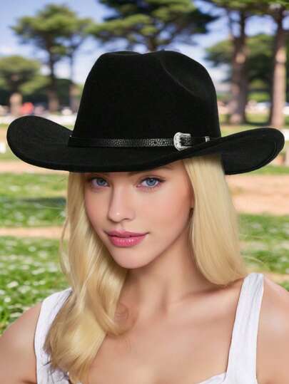 1 件男女通用西部牛仔帽 - 宽边金属扣太阳帽，棕色合成皮革，度假和户外防护的理想选择，户外太阳帽 | 西部帽 | 耐用头饰