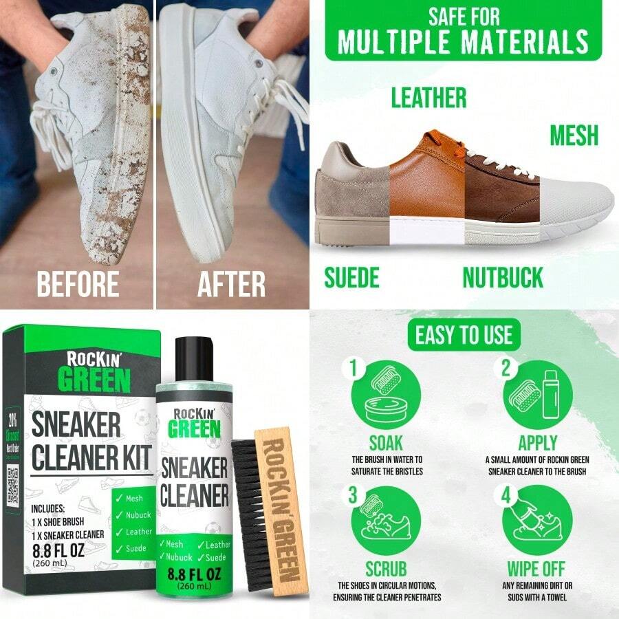 Rockin'Green Shoe Cleaning Kit Shoe Cleaner Sneakers Solution With Brush Included Sneaker Cleaner Kit Safe For Mesh Nubuck Leather Suede Deep Refresh Care Kit 8.8fl Oz - 如圖 - 查看 1