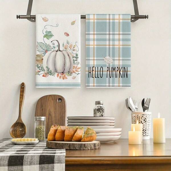 1/2/4pcs Autumn Pumpkin Patterned Kitchen Towel, 16 * 24 Inch Autumn Floral Leaf Decorative Handkerchief.Soft And Absorbent Machine Washable Polyester Cloth, Perfect For Kitchen Decoration And Cooking. Baking, Holiday Decorations And Bathroom Essentials, Dining Table Decorations, Kitchen Supplies, Home Decor, New Bathroom Home Gifts, Kitchen Towels, Thanksgiving Essential Kitchen Fabric Towels