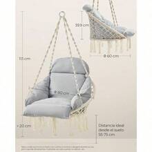 SONGMICS Hamaca Silla Silla Colgante Hamaca Colgante con Cojín Grande y Grueso Boho para Dormitorio Patio Balcón Jardín Sala de Estar Soporta hasta 120 kg a lanco Nube y Gris MGDC042G01 - BlancoNube+Gris - Ver 6