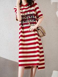Vestido de las mujeres verano suelto rayas finas impreso vestido camiseta de longitud media vestido de manga corta marea - Rojo - Ver 3