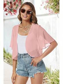 Women Shrug Chiffon Cardigans Open Front Short Sleeve Bolero Evening Dressy - Hồng - Xem 3