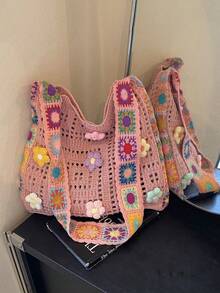 Dedoo Bohemian Style Women's Tote Bag, Large Capacity Open-Top Handbag, Beach Bag, Travel Accessory, Woven Texture, Suitable For Work, School, Beach, Crochet, Holiday (Flower Color/Position Random) (Strap Color/Pattern Random) - Pink - View 8