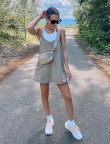 Women's Summer Sleeveless Mini Dress With Built-In Shorts - Khaki - View 11