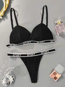 女士黑色字母胶带优雅舒适性感内衣套装 - 黑色 - 查看 7