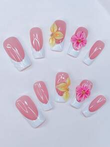 Bộ 10 móng tay giả hình ống Y2K - Làm thủ công, Móng tay màu hồng, Phong cách Pháp trắng, Hoa 3D màu hồng và vàng thủ công với lõi hoa bi thép nhỏ màu vàng, Thiết kế họa tiết 3D trong suốt vẽ tay, Điểm nhấn bi thép nhỏ màu vàng lấp lánh - Thích hợp cho phụ nữ và trẻ em gái, Tiệc tùng, Đám cưới, Trang phục hàng ngày, Bao gồm bộ dụng cụ. Móng tay vuông. Móng tay giả thủ công. Đồ làm móng Đồ làm móng - Nhiều màu - Xem 2