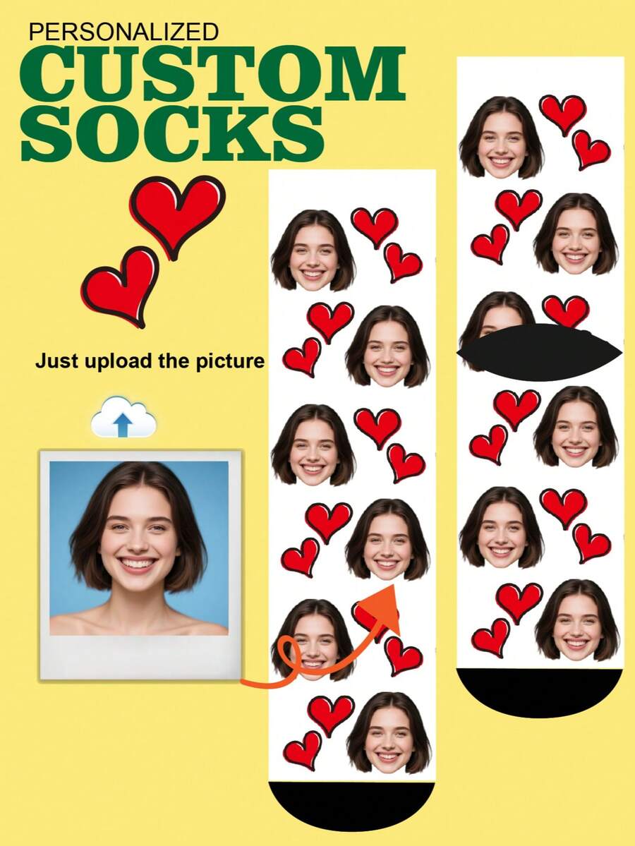 1 Pair Of Customized Crew Socks,Custom Face Socks, Custom Photo Sock, Custom Printed Socks, Personalized Funny Face Socks, Custom Picture Socks, Put Any Face On The Socks, Anniversary Gift, Valentine Gift, Birthday Gift, Wedding Gift, Mother's Day Gift, Fall Socks - White - View 1