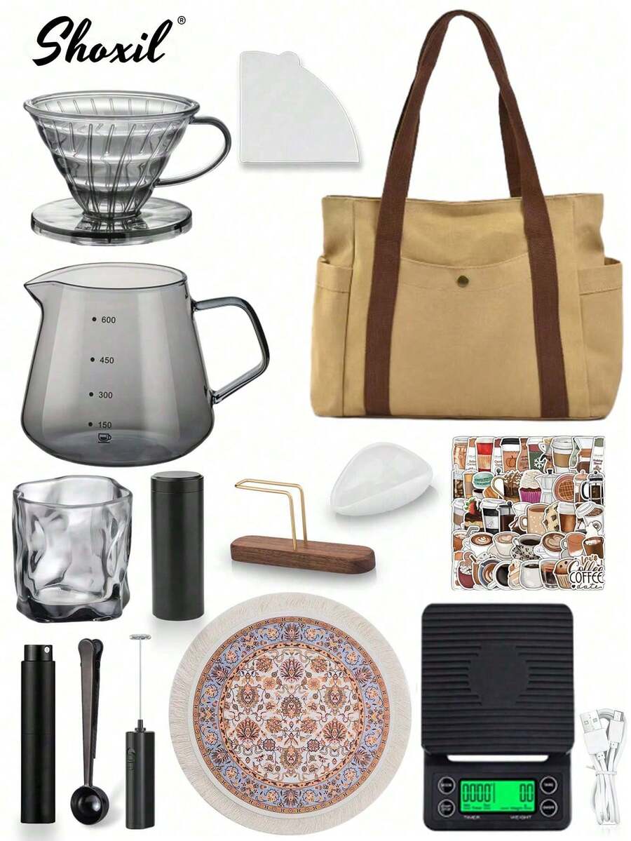shoxil 9/12/14 件优质咖啡礼品套装 - 带储物袋的完整手冲咖啡套装，可容纳 2-4 杯 | 包含滴滤器、滤网和配件 | 斋月庆典、露营和居家的理想之选 - 咖啡套裝 - 查看 1
