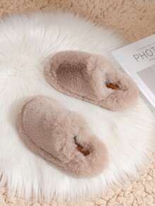 1 Pair Kids/Toddlers' Fabric Winter Slip-On Solid Color Plush Lined Warm Comfortable Casual Indoor/Outdoor Anti-Slip Slippers - Khaki - View 4