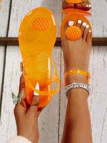 Sandalias de gelatina de fruta de moda para mujer, sandalias tipo chanclas de playa de PVC con suela suave antideslizante, sandalias planas transparentes de gelatina de fruta para vacaciones, diseño único y colorido, sandalias planas minimalistas