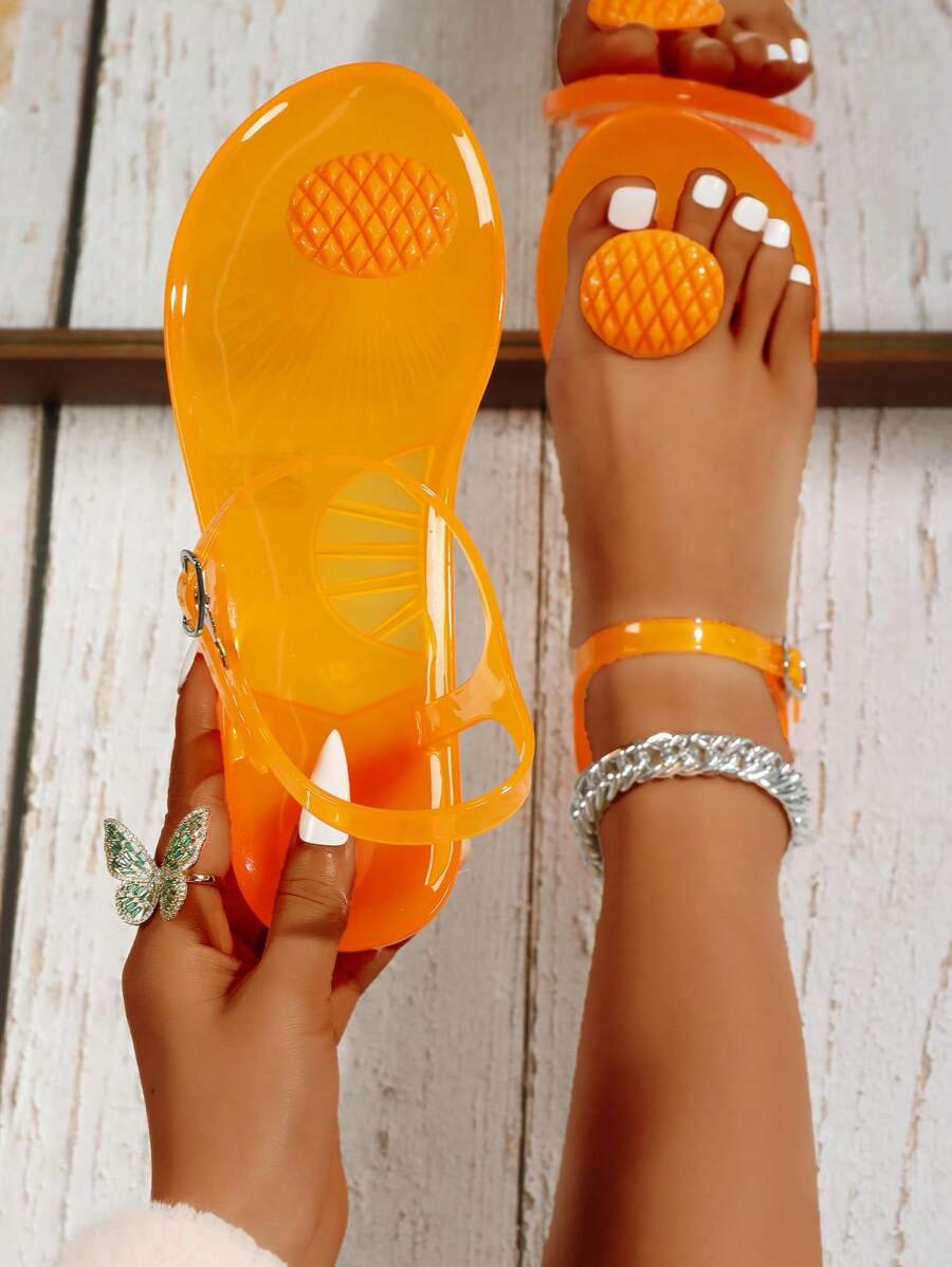 Sandalias de gelatina de fruta de moda para mujer, sandalias tipo chanclas de playa de PVC con suela suave antideslizante, sandalias planas transparentes de gelatina de fruta para vacaciones, diseño único y colorido, sandalias planas minimalistas