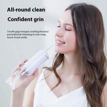 便携式电动冲牙器，3种模式，4个喷嘴，可充电式水牙线，适合旅行、居家、牙套护理和口腔健康，是节日送礼的理想之选，支持无线USB充电，配备800mAh电池