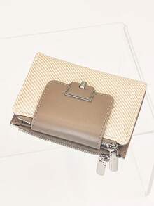 Women's Short Wallet, Straw Braided, Soft Textured PU Leather, Fashionable Snap Closure Bifold Wallet, Large Capacity Multi-Function Card Holder, Lightweight Minimalist Clutch Bag, Suitable As Holiday Gift - Apricot - View 8