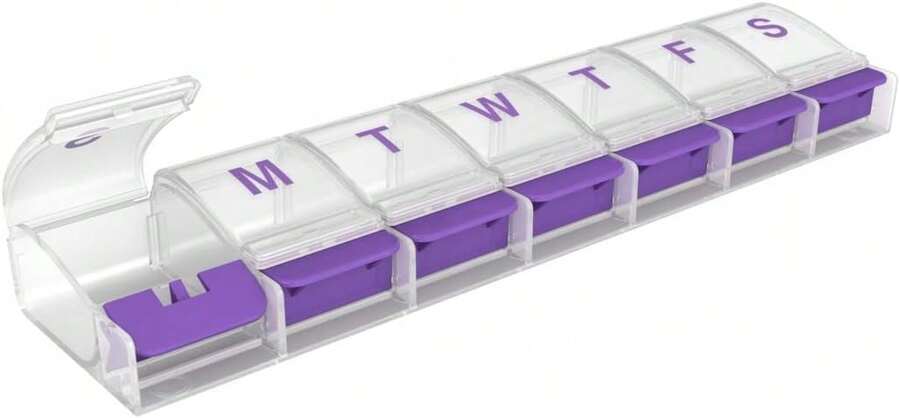 Organizador de pastillas semanal (7 días), planificador de medicamentos, caja organizadora de vitaminas, compartimentos extra grandes con botón, conveniente y fácil de usar, el color puede variar - Multicolor - Ver 1