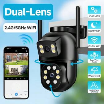 1pc 2MP+2MP Dual Len Wireless Outdoor Security Camera,Smart PTZ Home Surveillance Cameras With 2.4/5Ghz Wifi,Indoor CCTV IP Cameras,Auto Tracking,Alarm And Color Night Vision, Pan Tilt Rotation, Video Network Camera System Supports Two-Way Audio