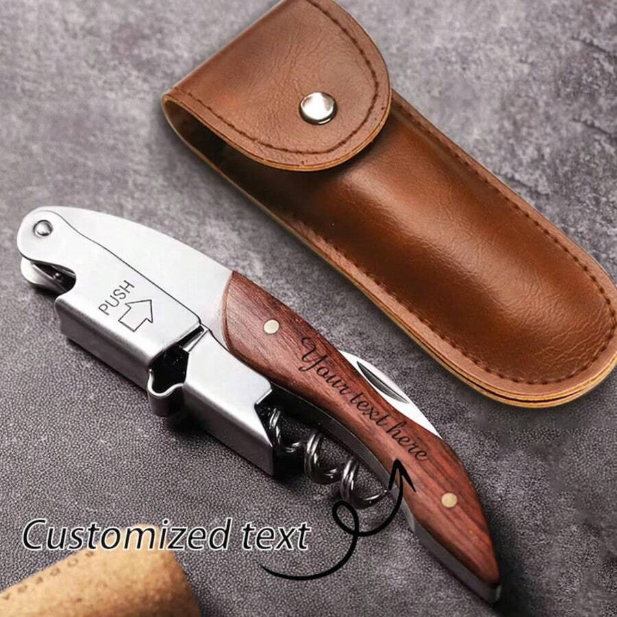 1 Piece Of Personalized Custom Wooden Handle Bottle Opener, Laser-Engraved Bottle Opener, Engraved Wedding Gift Prepared For Groomsmen, Bride's Father, And Ushers, Employee Gift, Party Gift, Wine Bottle Opener - Wooden-handled Corkscrew Bottle Opener - View 1
