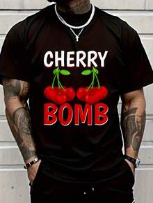 Men's Cherry Bomb Graphic T-Shirt - Black Casual Crew Neck Short Sleeve Tee With Red Cherry Print, Summer & Spring Essential Men's Clothing, Everyday Tshirt Machine Washable Shirt,100% Pure Cotton Short Sleeved Shirt, Essential For Summer And Spring, Loose Casual Round Neck, Men's Letter Printed T-Shirt, Suitable For Sports Enthusiasts - Black - View 1
