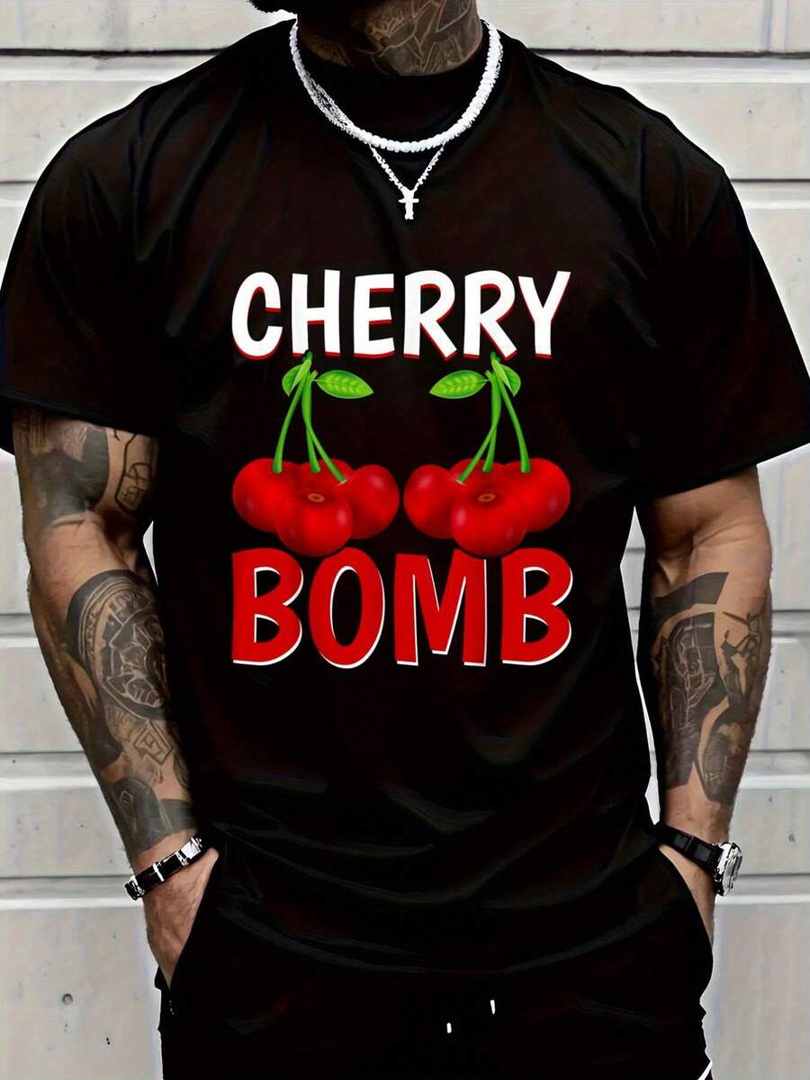 Men's Cherry Bomb Graphic T-Shirt - Black Casual Crew Neck Short Sleeve Tee With Red Cherry Print, Summer & Spring Essential Men's Clothing, Everyday Tshirt Machine Washable Shirt,100% Pure Cotton Short Sleeved Shirt, Essential For Summer And Spring, Loose Casual Round Neck, Men's Letter Printed T-Shirt, Suitable For Sports Enthusiasts - Black - View 1