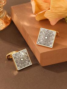 1 件男士银色复古金属圆形波浪条纹袖扣，可调节衬衫袖口配饰，适合休闲返校使用 - 金色 - 查看 4