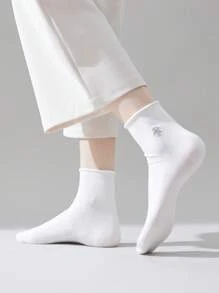 4 Pairs Of Black And White Women's Socks, Silver Flower Love Bow Embroidery Ladies Short Socks Ankle Socks, Daily Casual Sports Wear