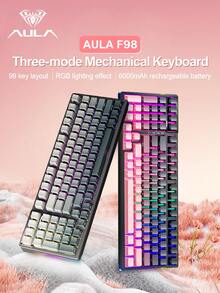 AULA F98 Three-Mode Mechanical Keyboard, 99-Key Arrangement, 19 Kinds Of RGB Lighting Effects, Shaft Body Hot-Swappable, Compatible With Windows, IOS And Systems, Large Battery Capacity, Suitable For Daily Office And E-Sports Games, And Can Be Connected To Notebooks/Computers And Other Devices.