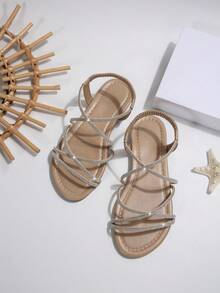 女士夏季新款露趾欧美风格条纹交叉一脚蹬松紧带平底凉鞋 - 杏色 - 查看 7