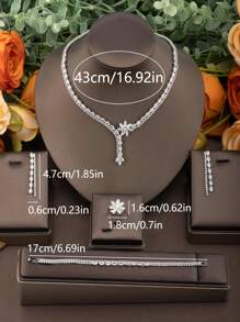 1 Set Elegant Cubic Zirconia Flower Design Jewelry Set Suitable For Women Wedding Party Wear, Including 1 Pair Earrings, 1 Necklace, 1 Bracelet, 1 Ring, No Gift Box Included