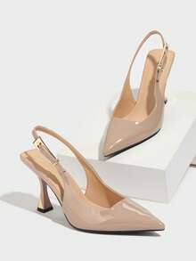 Giày cao gót mũi nhọn nữ có khóa kim loại, màu trơn, thoải mái, đa năng cho trang phục trang trọng, thường ngày hoặc công sở, thích hợp cho mùa thu/đông, chất liệu PU, màu mơ, thanh lịch, giày cao gót nữ, thanh lịch - Màu be - Xem 6