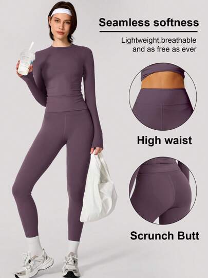Conjunto de top y pantalones deportivos de unicolor simple para mujer, apto para yoga y uso diario