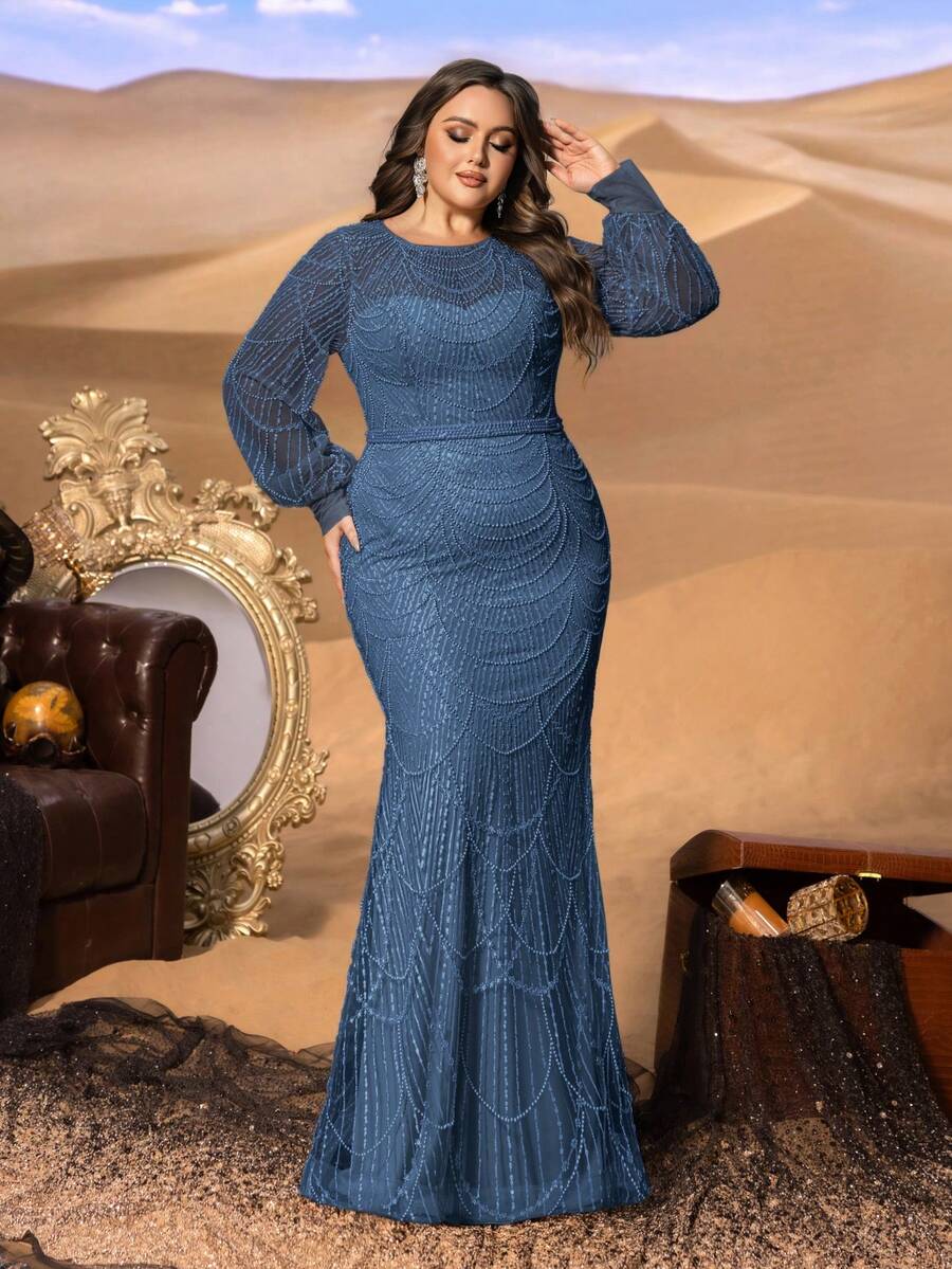 Elisanya 奢华珠饰美人鱼晚礼服,配以薄纱袖、精致弧形珠饰和修身剪裁,适合高级宴会和盛大活动。 - 霧霾藍 - 查看 1