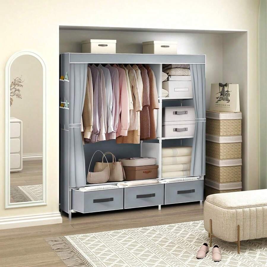 1-Pack Lightweight Wardrobe, Fabric Wardrobe, Portable Wardrobe With Cover, Portable Wardrobe, Portable Shelves, Tubular Wardrobe With Fabric Cover, Foldable Wardrobe With Shelves, Wardrobe, Wardrobe With Shelves - Xám - Xem 1
