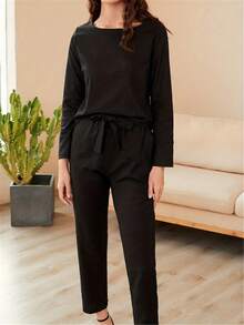 Women's Casual Round Neck Long Sleeve Top And Pocketed Long Pants 2-Piece Set - Black - View 3