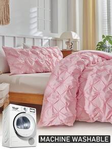2/3pcs Pink Pleated Polyester Duvet Cover Set, Cute Modern Chic Bedding Set For All Seasons, Soft& Breathable Kids Girls Teens Bedding Set,( 1 Duvet Cover+ 1/2 Pillowcases) - Pink - View 5