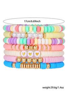 7pcs Stylish Soft Clay & Faux Pearl CCB Heart Design Layered Beaded Bracelet Set, Suitable For Women Daily Wear, Beach, Party, Gift