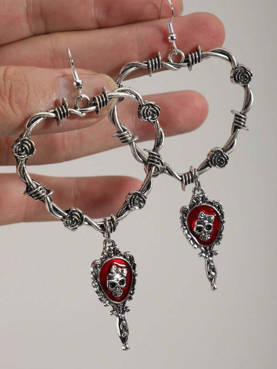 Vintage Fashion Gothic Rose Flower Heart Mirror Stud Earrings, Punk Dark Gothic