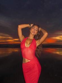 Vestido transparente de mujer con cuello halter en V profunda, costura asimétrica y diseño sexy, ideal para fiestas, citas, clubes, eventos, bodas, Navidad, invitadas de boda, vestido de hada, vestido con hombros descubiertos