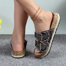 Womens Slides With Cork Footbed Open Toe Adjustable Webbing Flat Sandals For Walking | Beach | Indoor POWDER-03 - 黑色 - 查看 6