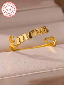 A 925 Silver Elegant And Simple Custom English Name Heart Model Open-End Ring, Personalized Love And Hope Adjustable Open-End Ring, Suitable For Daily Wear, Both Men And Women's Jewelry Gifts