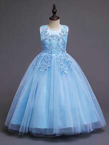 Flower Girls Tulle Lace Princess Pageant Festival Bridesmaid Carnival Floor Long Prom Dance Formal Evening Maxi Dresses - 淺藍色 - 查看 2