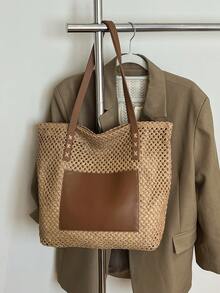 Bolso de paja tejido de moda clásica, bolso de hombro casual minimalista de gran capacidad - Caqui - Ver 2