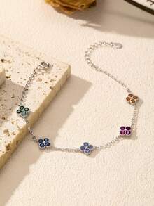 MODIAN 925纯银甜蜜四叶草彩色锆石吊坠时尚可叠戴手链女士精美珠宝