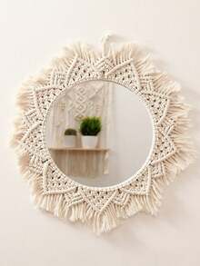 1个超大波西米亚风手工流苏壁镜，编织挂镜，客厅卧室墙面装饰，高品质墙面装饰品，适合作为感恩节、圣诞节、万圣节礼物，也适合卧室装饰，是馈赠亲朋好友的理想之选。 - 米色 - 查看 5