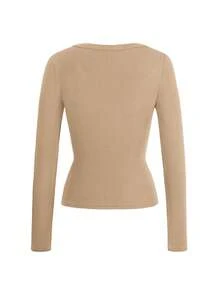 Vaiaye 女士性感修身针织长袖上衣，纯色V领T恤，适合情人节及春季休闲穿着 - 駝色 - 查看 4