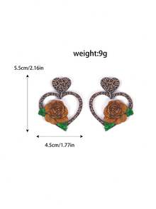 1 对休闲复古豹纹玫瑰花印花心形爱心形耳坠，适合女士女孩爱好者礼物情人节配饰珠宝 - 彩色 - 查看 4