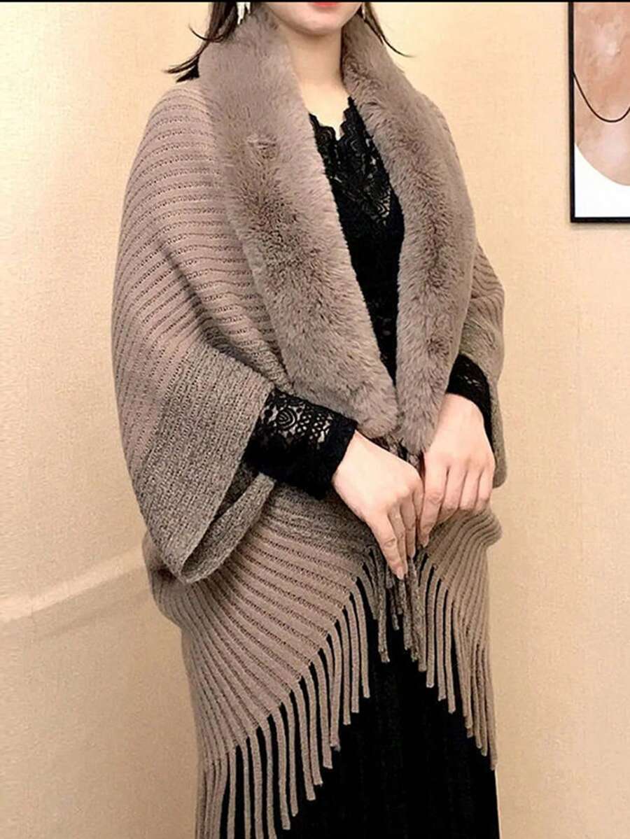 1 chiếc khăn choàng cổ lông giả màu trơn cho nữ, áo khoác cardigan hàng ngày cho nữ, áo choàng ngoài trời ấm áp thoải mái, thiết kế tinh tế kiểu kimono cho trang phục hàng ngày - màu đặc - Xem 1