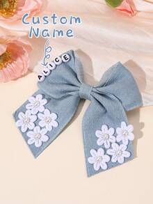 1 件女士定制发饰，女孩个性化名字蓝色牛仔蝴蝶结鳄鱼夹，定制名字，纯色牛仔蝴蝶结发夹，带珍珠花，优雅蝴蝶结发夹，休闲度假蝴蝶结发夹，女士发饰
