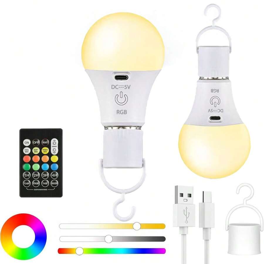 可充电 LED 灯泡 E27 底座，RGB 智能充电遥控彩色可调光灯泡 + 触摸开关 16 色情绪灯，电池供电，触摸改变灯光颜色，遥控切换灯光 ...