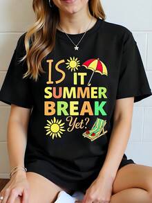 Camiseta Summer Break de 180 g, algodón negro, cuello redondo, manga corta. ¿Ya es verano? Camiseta gráfica para vacaciones en la playa, para mujer, tallas grandes, moda 2023, ropa informal cómoda. - Negro - Ver 1