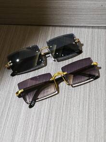 2pcs Unframed Retro Rectangular Metal Fashion Sunglasses, Classic Style For Outdoor Travel Beach Casual, Summer UV Protection Driving Glasses For Men & Women Shade Going Out Outfit Outdoor Beach Seaside Vacation And Gift For Family And Friends - 2PCS組合裝A - 查看 2